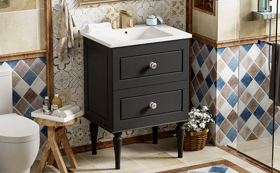 Bathroom Vanity Cabinet With Ceramic Sink Combo Set, Frame Modern Bathroom Storage Cabinet With 2 Drawers - Black
