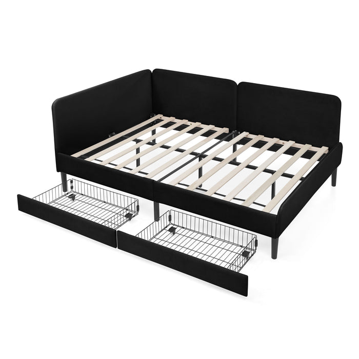 Upholstered Platform Bed Frame With 2 Storage Drawers And Adjustable Sofa Bed