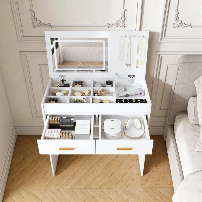 Flip Top Vanity Desk With LED Mirror & Outlet Makeup Table With 2 Drawers, Open Storage, And Jewelry Hooks - White