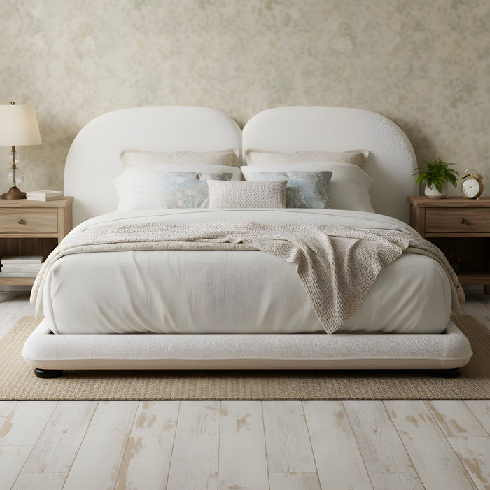 King Size Upholstered Platform Bed With Split Headboard - White