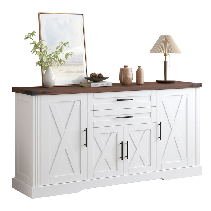 Barn Door Storage Cabinet With 2 Drawers & Door Rack, Adjustable Shelves