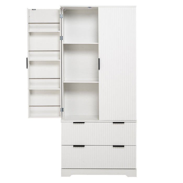 Fluted Kitchen Pantry Cabinet With 2 Large Drawers & 8 Door Spice Rack
