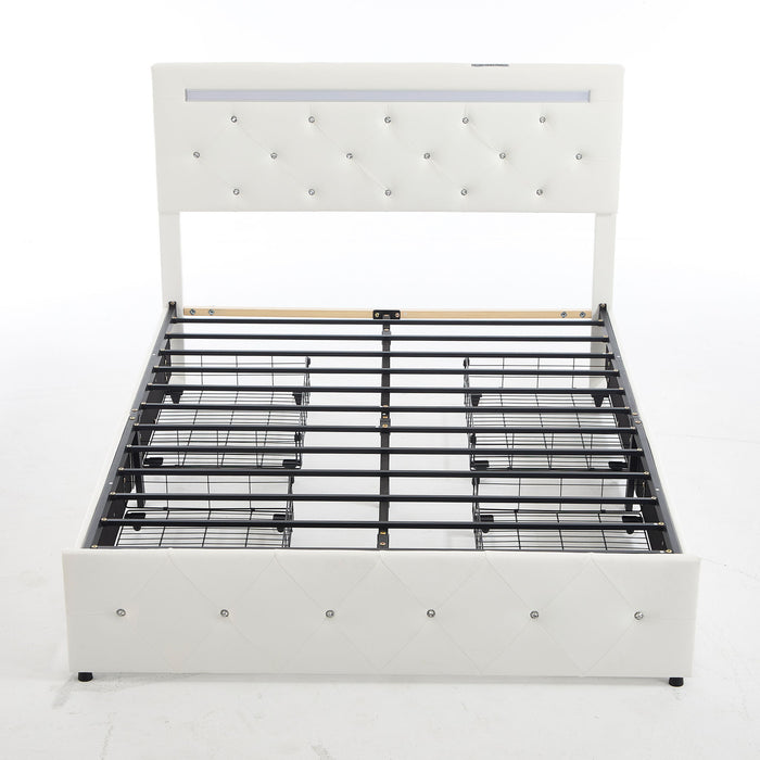 Upholstered Bed Frame With LED Lights, 4 Storage Drawers, Charging Station