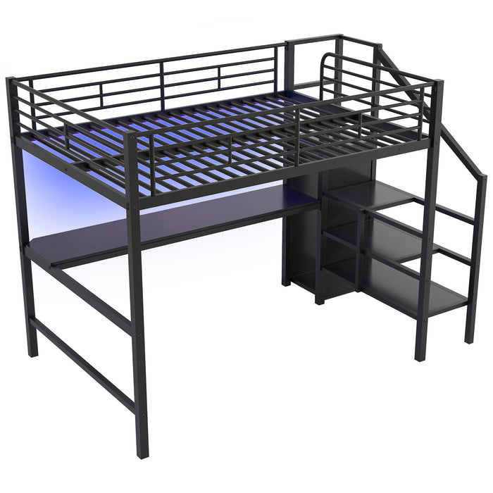 Full Size Loft Bed With Desk, Storage Staircase, Small Wardrobe And LED Light - Black