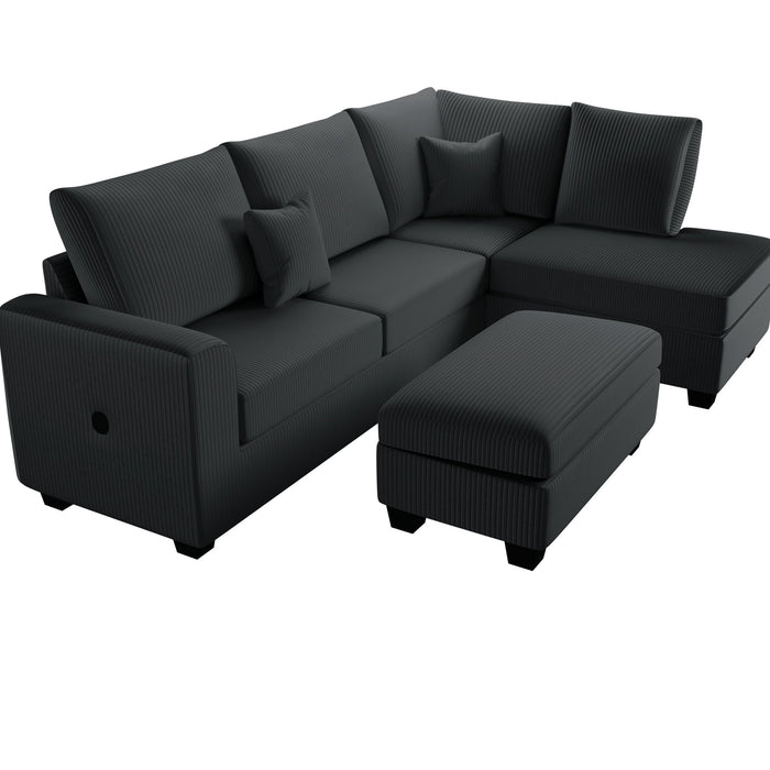 Modern Style Sectional Set With USB Port, Storage Ottoman