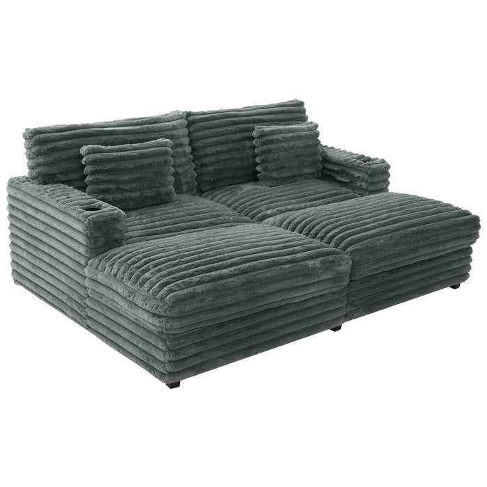 Plush Oversized Double Chaise Lounge Sofa Bed With USB Ports And Cup Holders