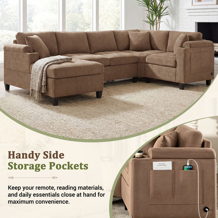 U Shaped Sectional Sofa, Corner Living Room Couch With Built In Cup Holders, Storage, USB Ports