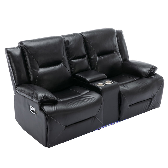 2 Seater Home Theater Recliner Manual Recliner Chair With A LED Light Strip Two Cup Holders And A Storage Box For Living Room