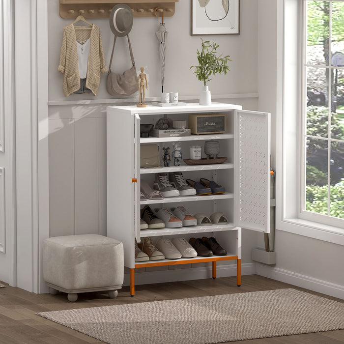 Grid Double Door Shoe Cabinet With Adjustable Compartments And Moisture-Proof Design In White Metal