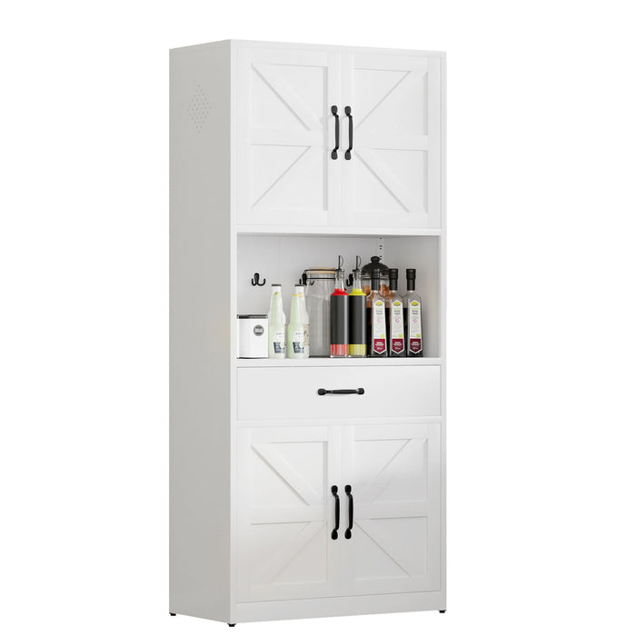 Kitchen Pantry Cabinet With Adjustable Shelves, Drawers, Hooks And Large Countertop - White