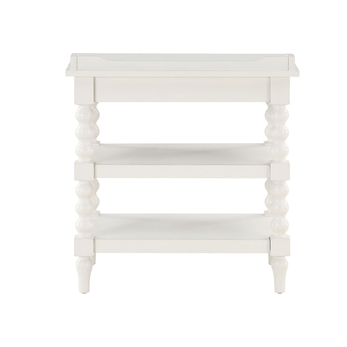 Aria - Nightstand With Styling, 2 Shelves, Pull Out Tray, Spool Turned Legs - Antique White
