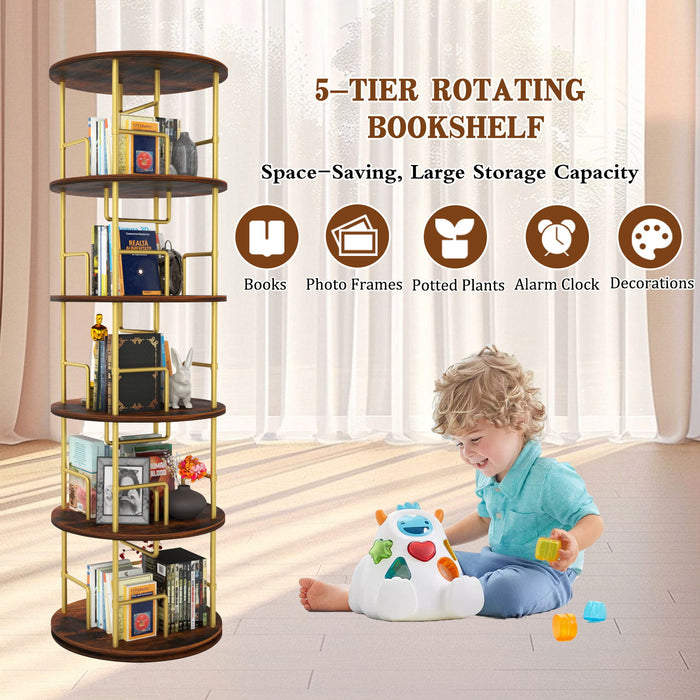 5 Tier 360 Rotating Bookshelf, Display Round Floor Standing Swivel Bookcase For Bedroom - Golden