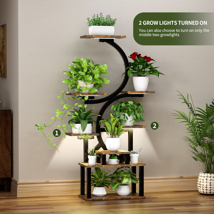 8 Tier Indoor Plant Stand With 5 Grow Lights For Living Room - Rustic Brown