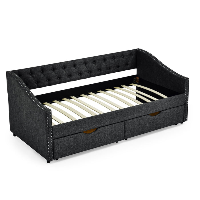 Upholstered Tufted Daybed With 2 Drawers, Waved Arms