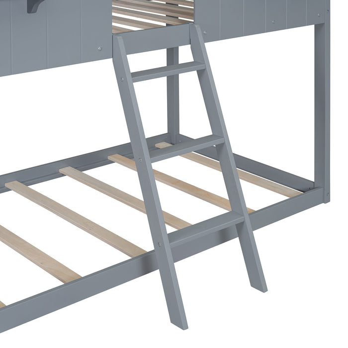 Twin Over Twin Bunk Bed With Roof, Window, Guardrail, Ladder