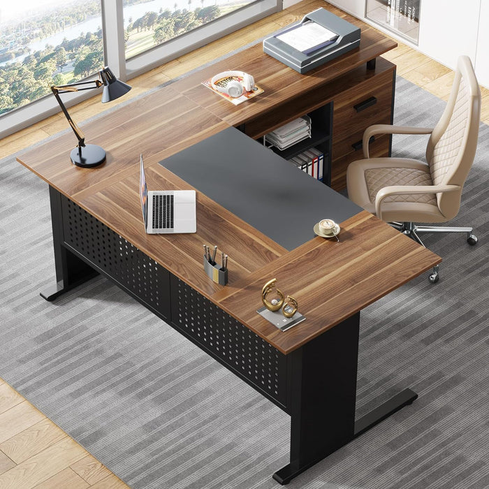 L-Shaped Executive Desk With File Cabinet , Office Workstation With Drawers, Shelves & Storage