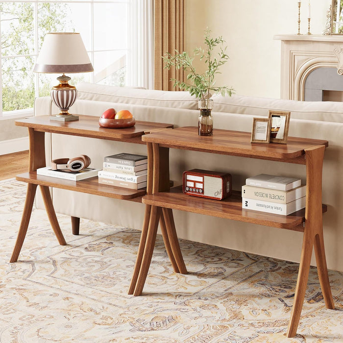 Narrow 2 Tier Side Slim Accent Table For Living Bedroom Or Entryway, Space Saving Furniture With Storage Shelf - Walnut