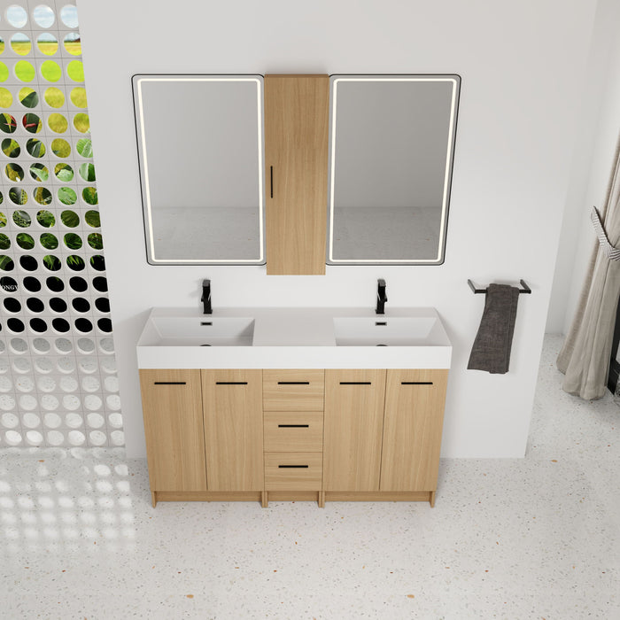 Double Sink Bathroom Vanity Set With Tall Linen Cabinet, 3 Drawers, Extra Large Storage, Integrated Sink, Freestanding Cabinet - Light Oak / White