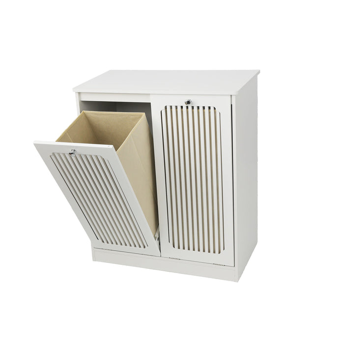 Louvered Flip Top Laundry Cabinet With Dual Fabric Baskets - White