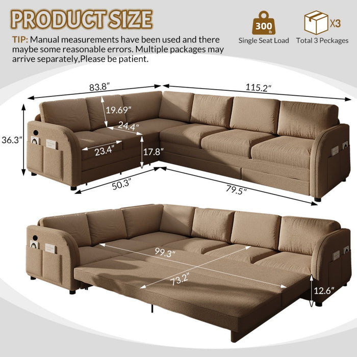 L-Shaped Couch With Pull-Out Bed, Convertible Sleeper Sofa With Side Pocket & USB Port