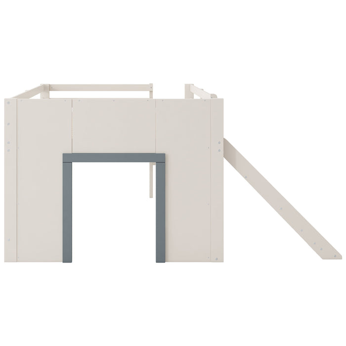 Modern Low Loft Bed With Slide, 3 Storage Drawers, And 2 Doors