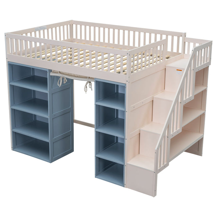 Full Size Loft Bed With 2 Four Layer Storage Cabinets And Curtain With Built In Staircase And Privacy Curtain - White