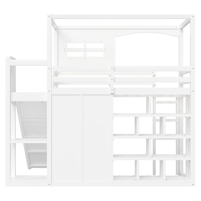 Twin Size Loft Bed With Wardrobe, Storage Shelves, Slide And LED - White