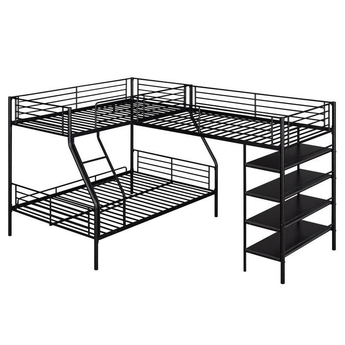 L-Shaped Twin Over Full Bunk Bed And Twin Loft Bed With 4 Built In Shelves - Black