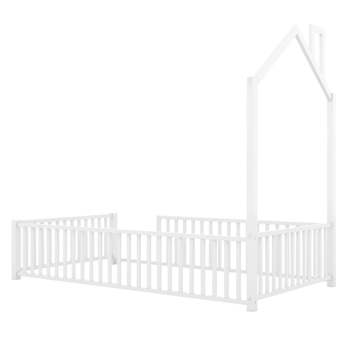 Metal House Platform Bed With Guardrail And Chimney