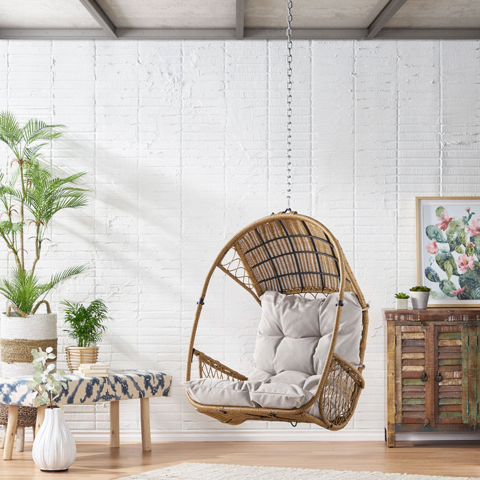 Outdoor / Indoor Wicker Hanging Chair With 8Ft Chain - Light Brown / Beige