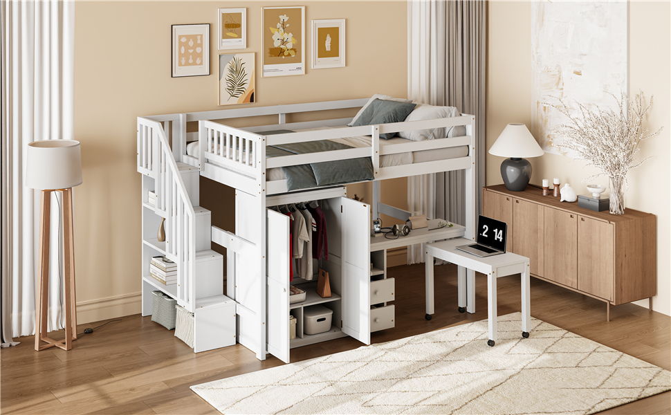 Loft Bed With Stairs, Bookshelf, Drawers, Desk & Wardrobe, Space Saving Multifunctional Furniture