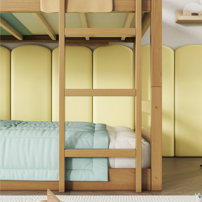 Twin Over Twin Over Twin Triple Bunk Bed With 2 Built In Ladders, Guardrails - Natural