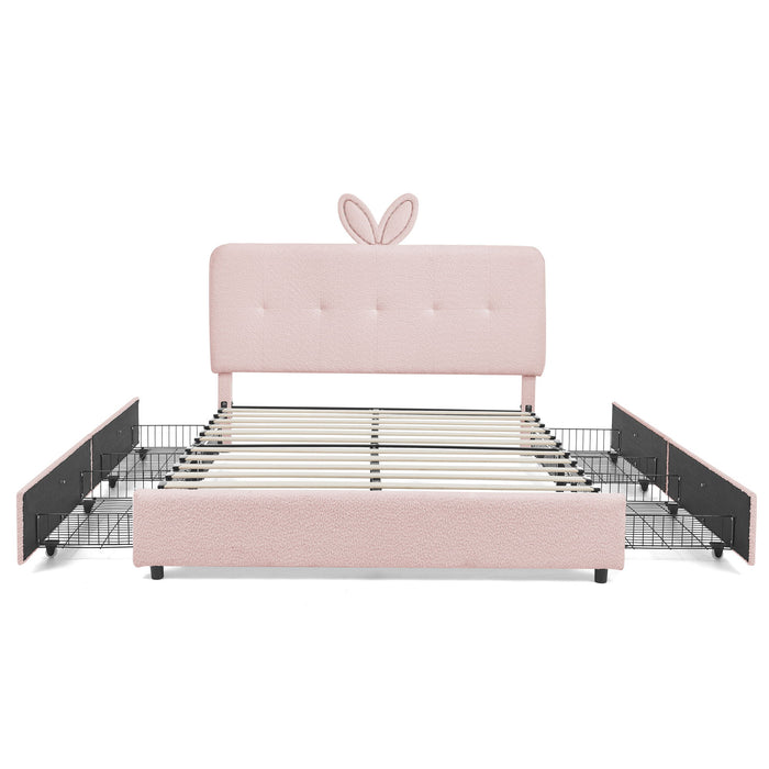 Upholstered Bed With Oversized Rabbit Ear Headboard, LED Lights & 4 Storage Drawers