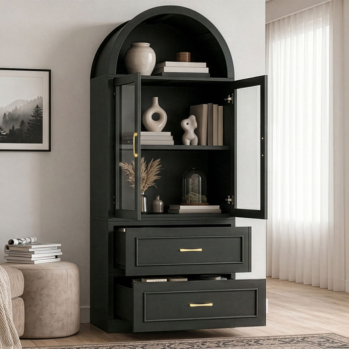 Arched Top Storage Cabinet With Fixed 2 Tier Shelves, 2 Large Drawers