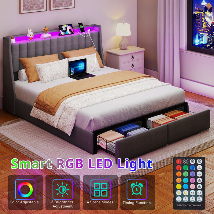 Upholstered Platform Bed Frame With RGB LED Lights, Charging Station & 2 Underbed Drawers