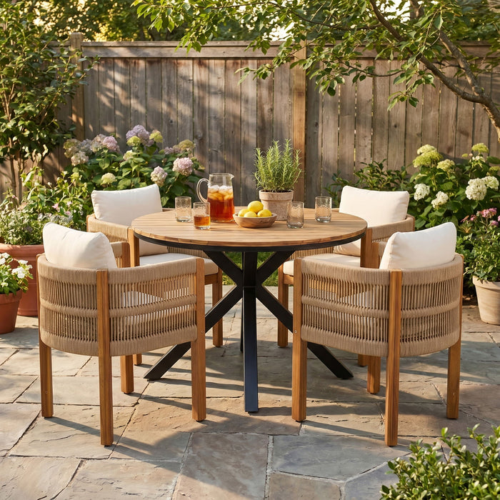 5 Piece Outdoor Dining Set With Round Table And 4 Wrapped Chairs - Black / Brown / Teak