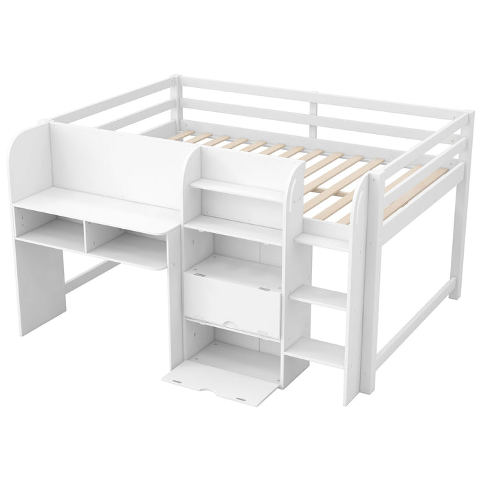 Low Loft Bed With Built In Desk, Storage Cabinets, Open Bookcase And Doodle Blackboard
