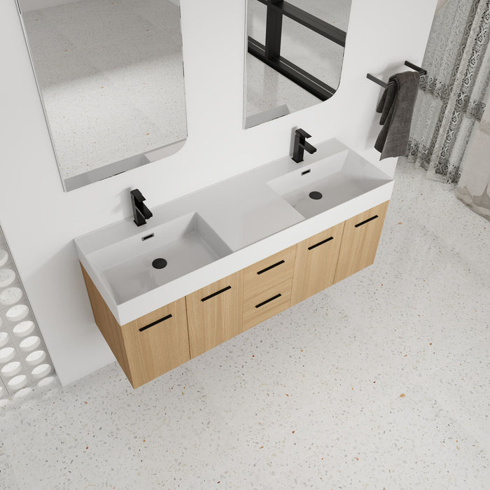 Floating Double Sink Bathroom Vanity With Drawers And Doors, Extra Large Storage, Integrated Sink, Soft Close Hardware - Glossy White / Light Oak