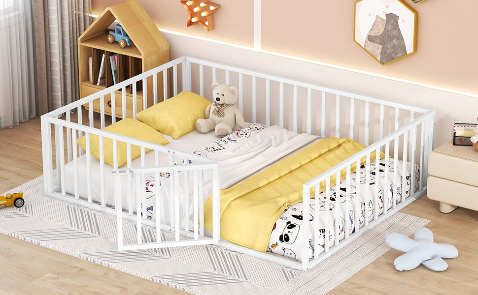 Metal Floor Bed Frame With Fence And Door