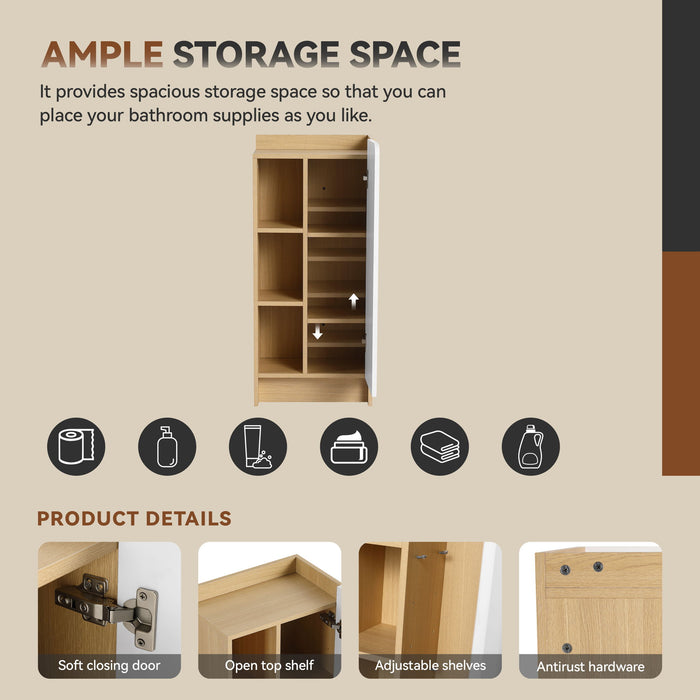 Freestanding Bathroom Side Cabinet, Narrow Storage Cabinet With Single Door & 3 Tier Open Shelves - Black / Light Oak / White