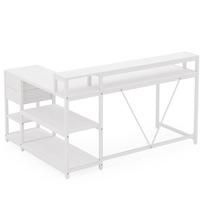 L-Shaped Home Office Desk With Monitor Riser, Drawers, And Storage Shelves