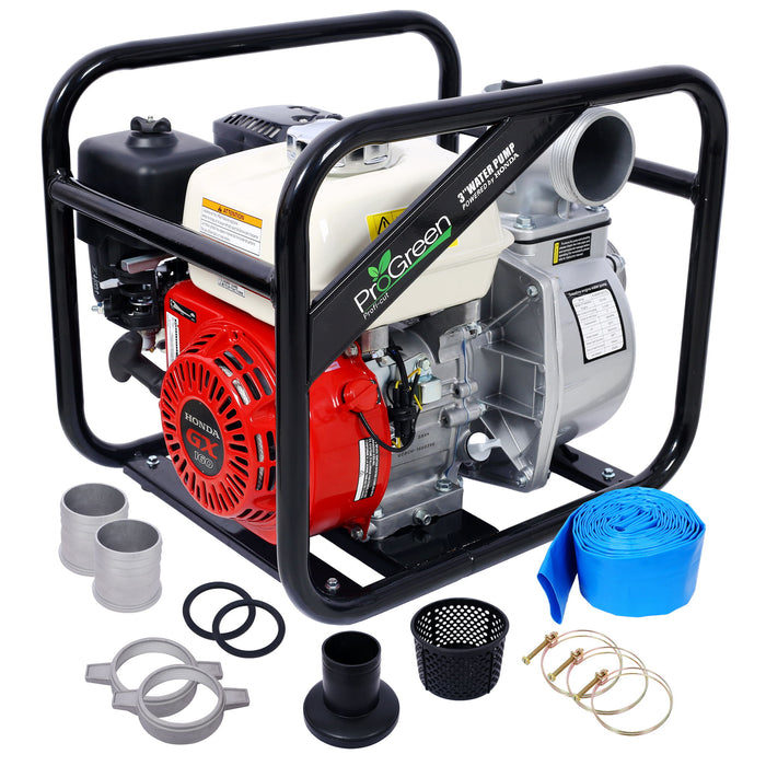 Honda - Gx160 Engine Water Pump 3" 264Gpm With 3In Npt Coupler And 25Ft Flat Hose, Aluminum - Black / Red
