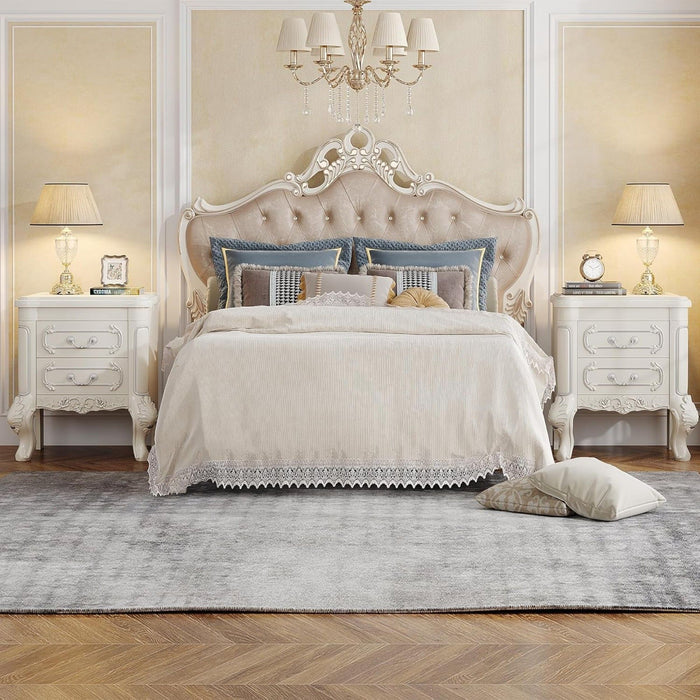 Carved Nightstand With 2 Drawers, Bedside Table - White