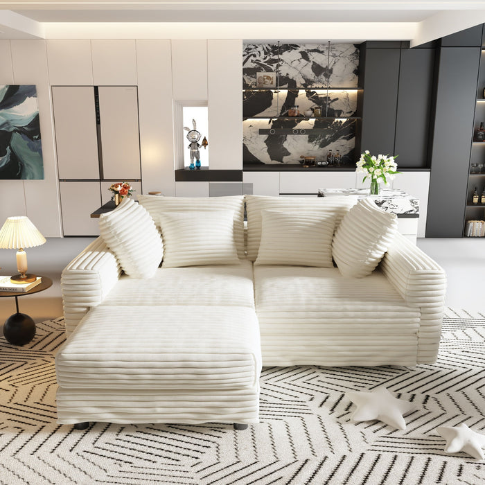 Plush Corduroy 4 Seat Sofa With Soft Pillows And Movable Ottoman