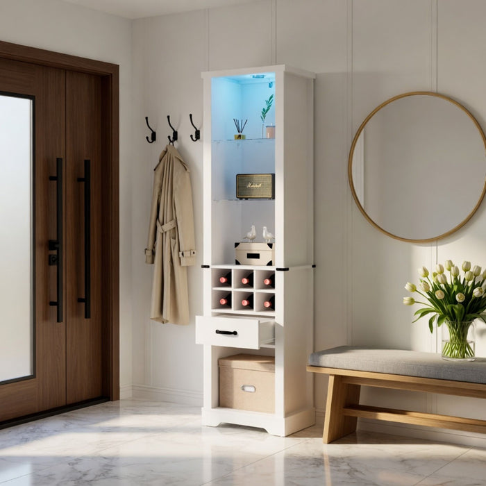 Pantry Cabinet With LED Lights, Wine Rack, Tempered Glass Shelves, And Barn Door Design - White