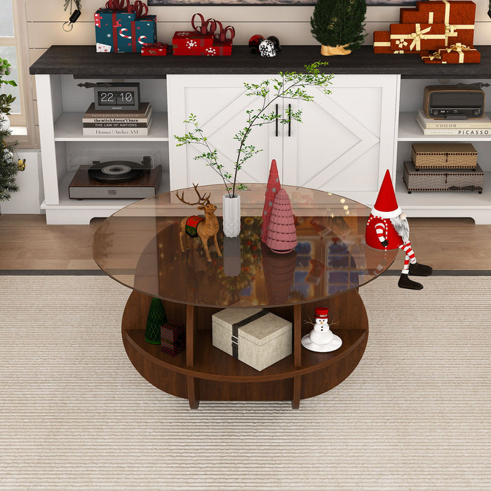 Round Coffee Table With Storage For Living Room - Walnut