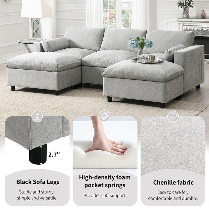 Modular Sectional With Storage Pockets, 5 Seat U Shaped Couch Set With Pillows, Free Combination Modern Cloud Sofa With 2 Movable Ottoman