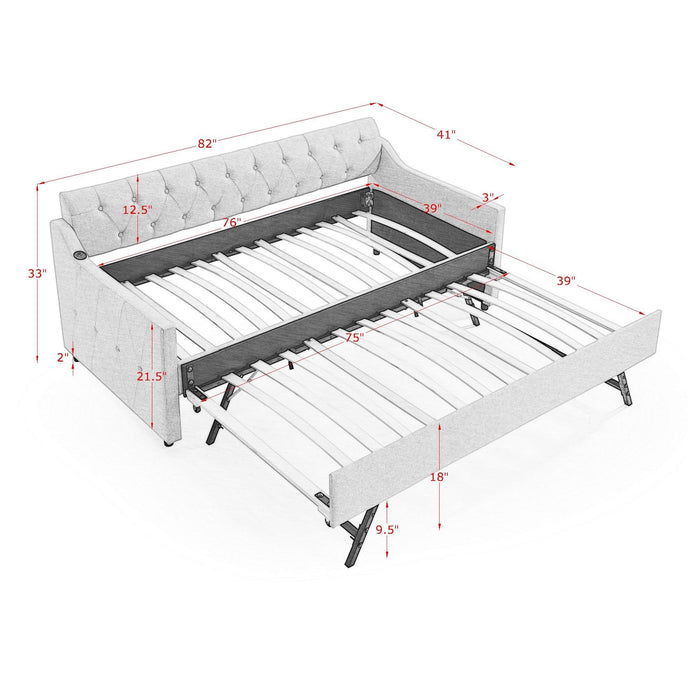 Size Upholstered Daybed With Trundle And USB Charging Armrest