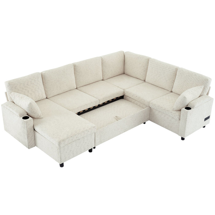 U-Shaped Sectional Sleeper Sofa With Ample Storage Space, 2 Cup Holders And Charging Ports For Living Room