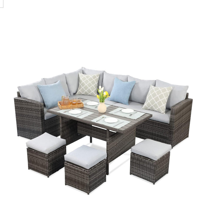 7 Piece Outdoor Dining Set With Cushions, Modular Sectional Sofa And Table